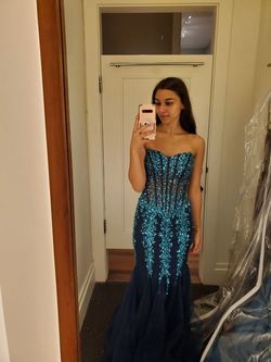 Style 5908 Jovani Blue Size 0 Sheer Pageant Short Height Sorority Formal Mermaid Dress on Queenly