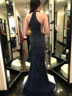 Jovani Blue Size 4 Pageant Boat Neck Navy Prom Side slit Dress on Queenly