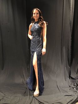 Jovani Blue Size 4 Pageant Boat Neck Navy Prom Side slit Dress on Queenly