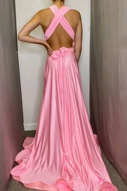 Style 571 Jessica Angel Light Pink Size 4 Prom Pockets Plunge Bridesmaid Side slit Dress on Queenly