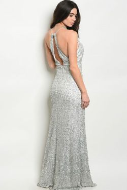 Style KITE Spy Zone Exchange Silver Size 0 Fully-beaded Fitted Floor Length Side slit Dress on Queenly
