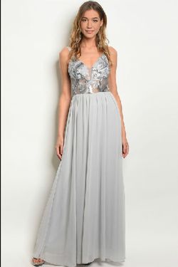 Style M17498SI194 Soieblu Silver Size 10 Floor Length Military Tulle Tall Height A-line Dress on Queenly
