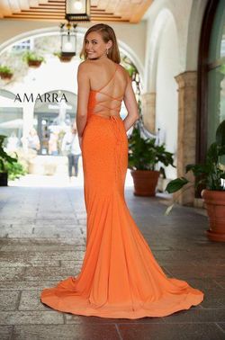 Style Teressa Amarra Orange Size 4 Jersey Sequin Side slit Dress on Queenly