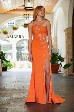 Style Teressa Amarra Orange Size 4 Prom Floor Length One Shoulder Side slit Dress on Queenly