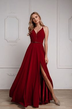 Style Annika Amelia Couture Red Size 12 Corset Plus Size Belt Floor Length Side slit Dress on Queenly