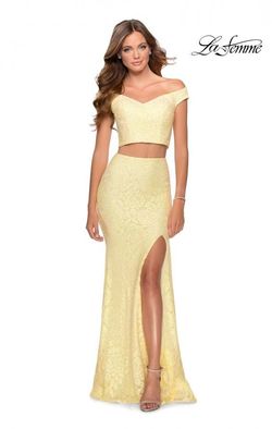 Style 28565 La Femme Yellow Size 4 Mermaid Black Tie Two Piece Side slit Dress on Queenly