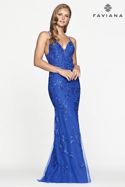 Style S10509 Faviana Royal Blue Size 8 Tall Height Black Tie V Neck Straight Dress on Queenly
