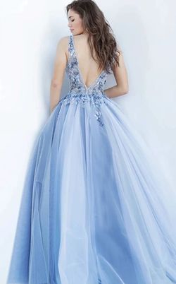 Style 3110 Jovani Blue Size 4 Tulle Beaded Top Floor Length Backless Ball gown on Queenly