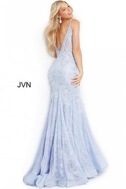Style JVN06475 Jovani Blue Size 8 Pageant Tall Height Plunge Sheer Mermaid Dress on Queenly