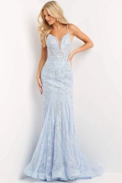 Style JVN06475 Jovani Blue Size 8 Pageant Tall Height Plunge Sheer Mermaid Dress on Queenly