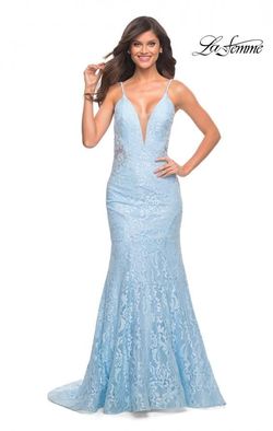 Style 28355 La Femme Blue Size 4 Tall Height Lace V Neck Mermaid Dress on Queenly