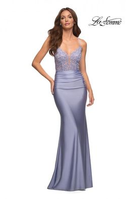 Style 30466 La Femme Blue Size 6 Lace Straight Dress on Queenly