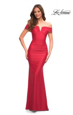 Style 30582 La Femme Red Size 12 Jersey Military Straight Dress on Queenly