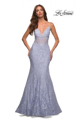 Style 30320 La Femme Blue Size 8 Pageant V Neck Lace Mermaid Dress on Queenly