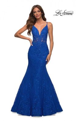 Style 30320 La Femme Blue Size 8 V Neck Sheer Mermaid Dress on Queenly