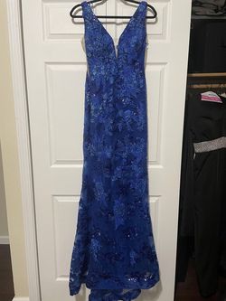 Ashley Lauren Blue Size 6 Prom Train Mermaid Dress on Queenly