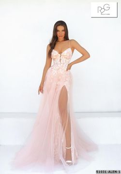Style 51031 Tarik Ediz Pink Size 6 Pageant Lace Tall Height Side slit Dress on Queenly