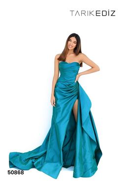 Style 50868 Tarik Ediz Green Size 8 Pageant Tall Height Side slit Dress on Queenly