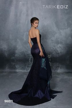 Style 96071 Tarik Ediz Blue Size 10 Pageant Floor Length Side slit Dress on Queenly