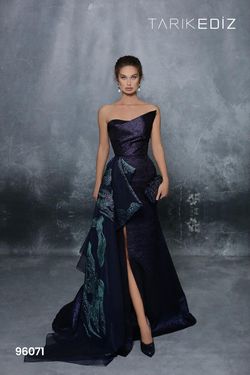 Style 96071 Tarik Ediz Blue Size 10 Navy Floor Length Black Tie Tall Height Side slit Dress on Queenly