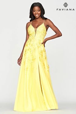 Style S10640 Faviana Yellow Size 14 Black Tie Side Slit Corset Tall Height A-line Dress on Queenly