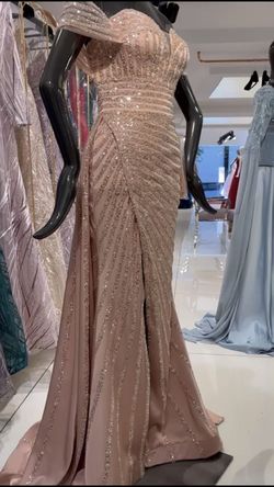 Style -1 Lara couture Nude Size 6 Jewelled Floor Length Side slit Dress on Queenly