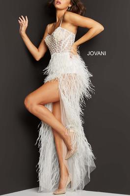 Style 07591 Jovani Blue Size 2 Spaghetti Strap Navy Feathers Winter Formal Side slit Dress on Queenly