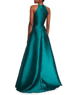 Badgley Mischka Green Size 2 Halter Silk Ruffles Side Slit A-line Dress on Queenly