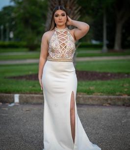 Rachel Allan White Size 12 Plus Size Floor Length Beaded Top A-line Dress on Queenly