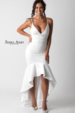 Style 415 Jessica Angel White Size 4 Tall Height Lace High Low Side slit Dress on Queenly
