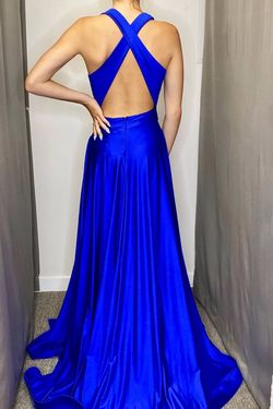 Style 385 Jessica Angel Blue Size 4 V Neck Pageant Fitted Black Tie Side slit Dress on Queenly