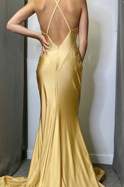 Style 510 Jessica Angel Gold Size 8 Plunge Prom Wedding Guest Side slit Dress on Queenly