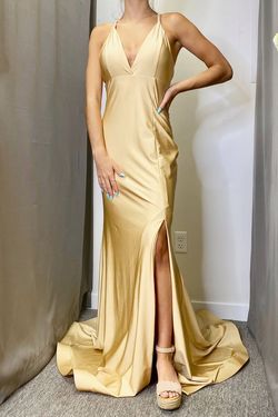 Style 510 Jessica Angel Gold Size 8 Plunge Tall Height Side slit Dress on Queenly