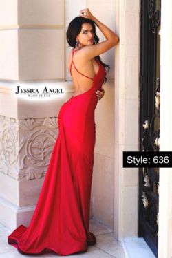 Style 636 Jessica Angel Red Size 4 Boat Neck Floor Length Prom Tall Height Mermaid Dress on Queenly