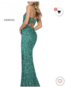 Style 53450 Sherri Hill Green Size 0 Floor Length Jewelled Euphoria Side slit Dress on Queenly