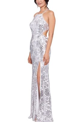 Betsy and Adam Silver Size 0 50 Off Floor Length Shiny Side slit Dress on Queenly