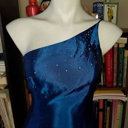 Vintage Blue Size 2 Military Pattern One Shoulder Jewelled A-line Dress on Queenly
