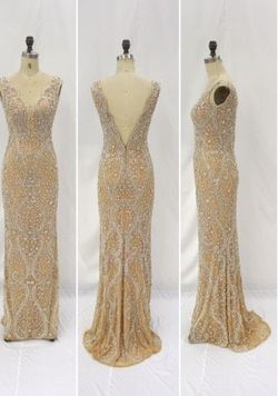 Jovani Nude Size 6 Embroidery Floor Length Sheer Jewelled Straight Dress on Queenly