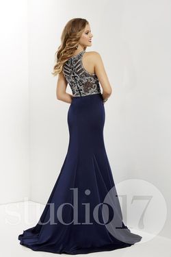 Style 12656 Studio 17 Blue Size 10 Floor Length Black Tie Tall Height Straight Dress on Queenly