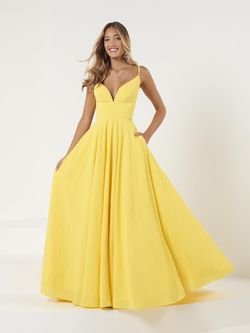 Style 12863 Studio 17 Yellow Size 12 Floor Length Train Tulle V Neck A-line Ball gown on Queenly