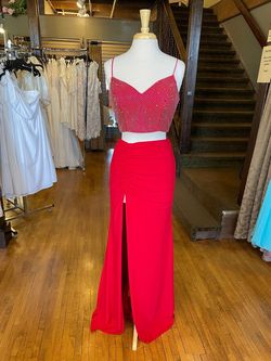 Style V-7919 Vienna Red Size 8 Beaded Top Two Piece Tall Height Side slit Dress on Queenly