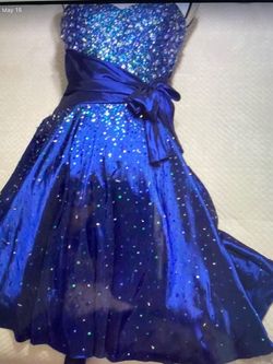Jovani Blue Size 6 Midi Shiny $300 Cocktail Dress on Queenly