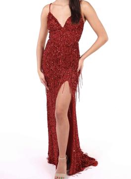 Style 55041 Sherri Hill Red Size 00 V Neck Jewelled Fringe Sequin Side slit Dress on Queenly