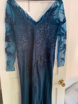 Alexander by Daymare Blue Size 14 Navy Plus Size Floor Length Jewelled Train Dress on Queenly