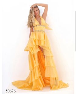 Tarik Ediz Yellow Size 6 High Low Floor Length Halter Ball gown on Queenly