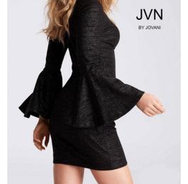 Jovani Black Size 4 Midi Shiny $300 Sleeves Cocktail Dress on Queenly