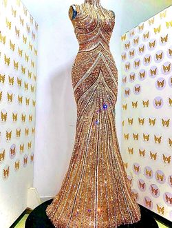 Angel Vivas Gold Size 12 High Neck Free Shipping Sequin Sequined Straight Dress on Queenly