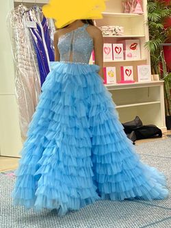 Custom Catwalk Couture Blue Size 2 50 Off Pageant Sheer Floor Length Ball gown on Queenly