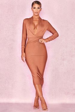 House of CB Nude Size 2 Free Shipping Midi Sleeves Plunge Long Sleeve Cocktail Dress on Queenly