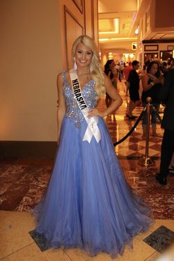 Sherri Hill Blue Size 4 Pageant Tulle Appearance Spaghetti Strap Ball gown on Queenly